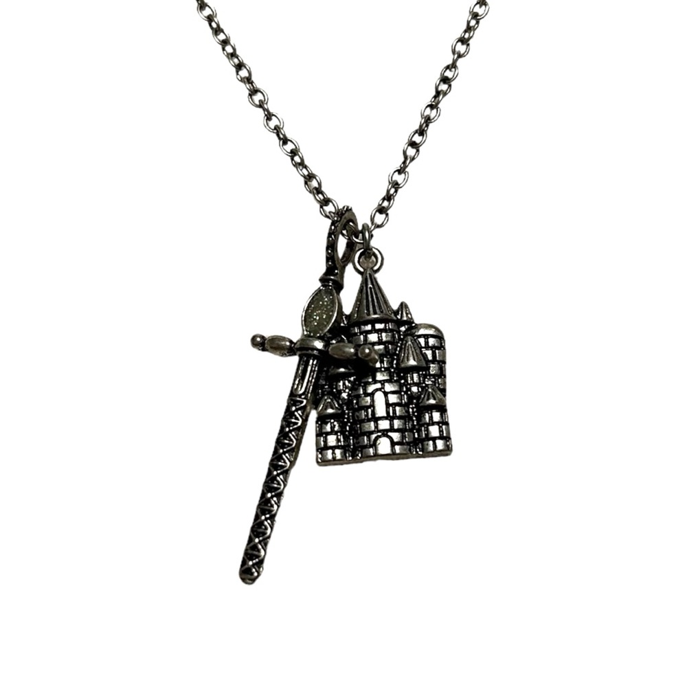Castle & Sword Pendant Chain Necklace Silver Tone Renfaire Fantasy Gothic Whimsy